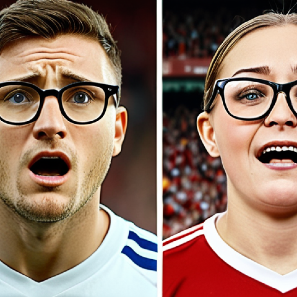**Image Prompt:** A visual representation of confirmation bias. Depict a person wearing glasses that only show positive news about their favorite football team, while negative news is blurred and ignored. The background shows a split scene: one side is filled with supportive fans and cheering, the other side is empty with disappointed faces.