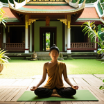 **

A person meditating in a peaceful Thai garden, surrounded by lush greenery and traditional Thai architecture.  Sunlight filters through the trees. The individual is calm and focused, embodying mindfulness and inner peace.  The scene evokes a sense of serenity and self-reflection.  Color palette should be natural and soothing, with greens, browns, and soft golden light.

**