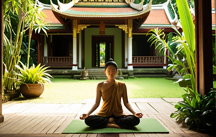 **

A person meditating in a peaceful Thai garden, surrounded by lush greenery and traditional Thai architecture.  Sunlight filters through the trees. The individual is calm and focused, embodying mindfulness and inner peace.  The scene evokes a sense of serenity and self-reflection.  Color palette should be natural and soothing, with greens, browns, and soft golden light.

**