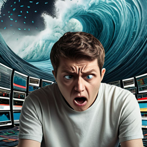 **A person overwhelmed by a tidal wave of data coming from various screens and sources, symbolizing information overload. The person looks stressed and confused, highlighting the negative impact on decision-making. Use a color palette that reflects anxiety and tension.**