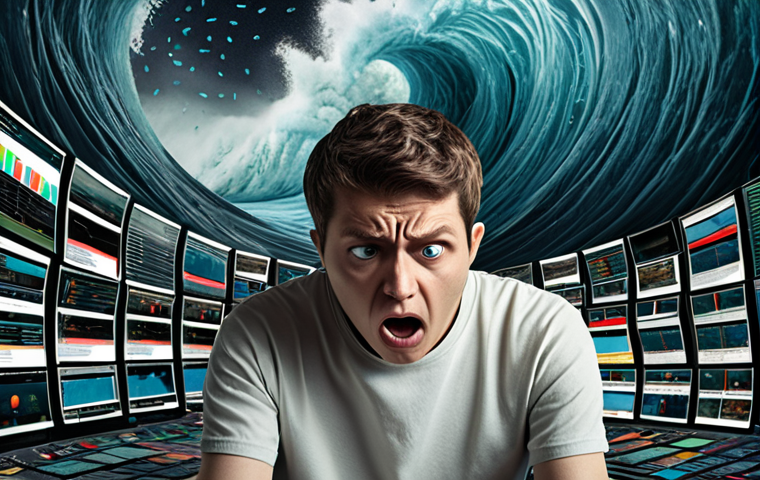 **A person overwhelmed by a tidal wave of data coming from various screens and sources, symbolizing information overload. The person looks stressed and confused, highlighting the negative impact on decision-making. Use a color palette that reflects anxiety and tension.**