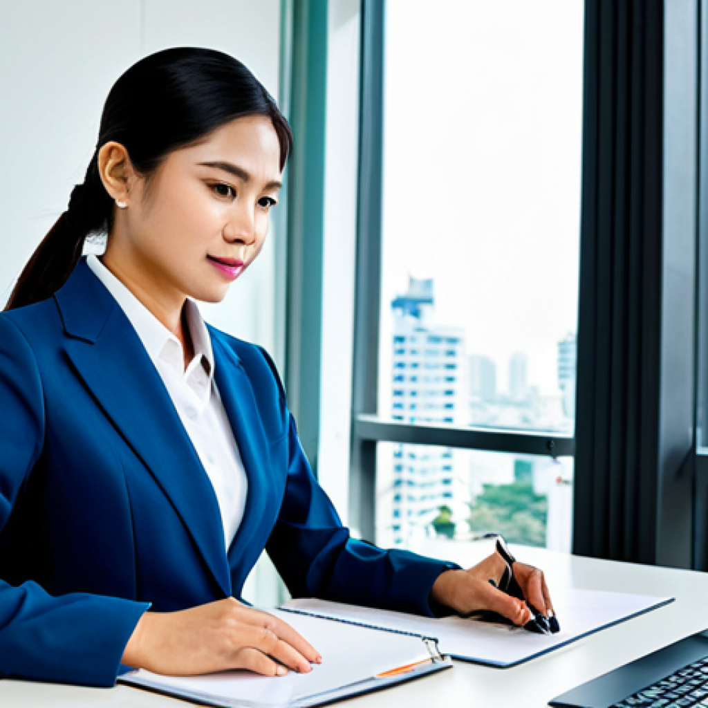 **
A professional Thai businesswoman in a modest, modern business suit, working at a clean desk in a bright, contemporary office in Bangkok. Fully clothed, appropriate attire, safe for work, perfect anatomy, natural proportions, professional photography, high quality.
**