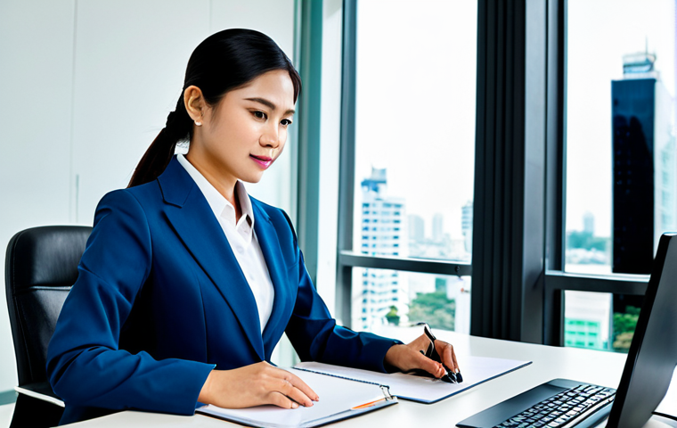 **

A professional Thai businesswoman in a modest, modern business suit, working at a clean desk in a bright, contemporary office in Bangkok. Fully clothed, appropriate attire, safe for work, perfect anatomy, natural proportions, professional photography, high quality.

**