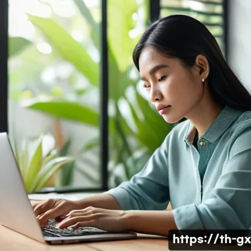 Home 29 인지 편향과 선택 아키텍처의 관계 - A detailed illustration of a thoughtful Thai adult woman sitting at a modern wooden desk in a cozy h...
