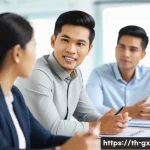 Home 16 인지 편향 극복을 위한 커뮤니케이션 스킬 - A diverse group of Thai office colleagues in a modern, well-lit meeting room practicing active liste...