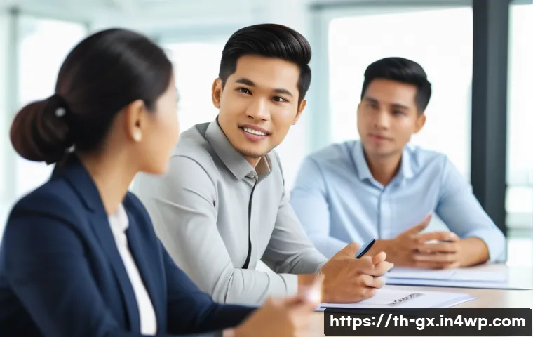 인지 편향 극복을 위한 커뮤니케이션 스킬 - A diverse group of Thai office colleagues in a modern, well-lit meeting room practicing active liste...