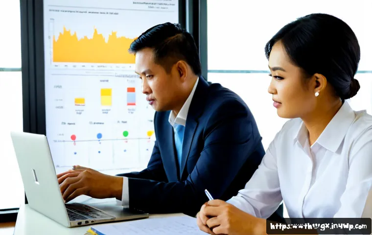 Home 29 인지 편향과 비즈니스 성과의 관계 - Photorealistic Thai business team in a modern Bangkok office reviewing two contrasting investment pr...